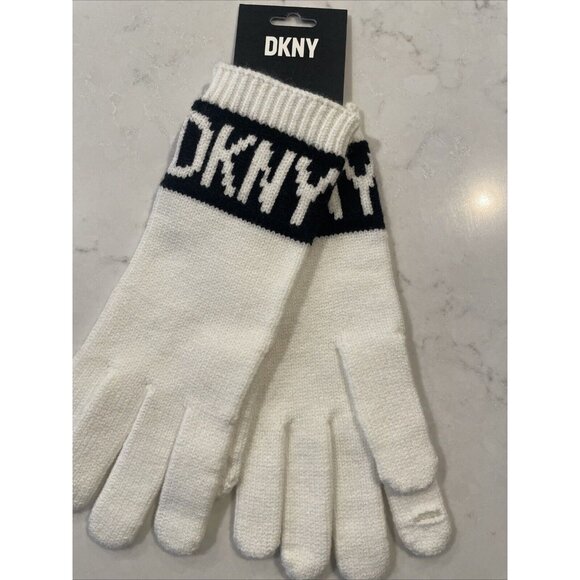 DKNY ivy women's‎ black and ivy LOGO gloves W/Finger Print Opening NWT $58 Cream - Picture 1 of 5